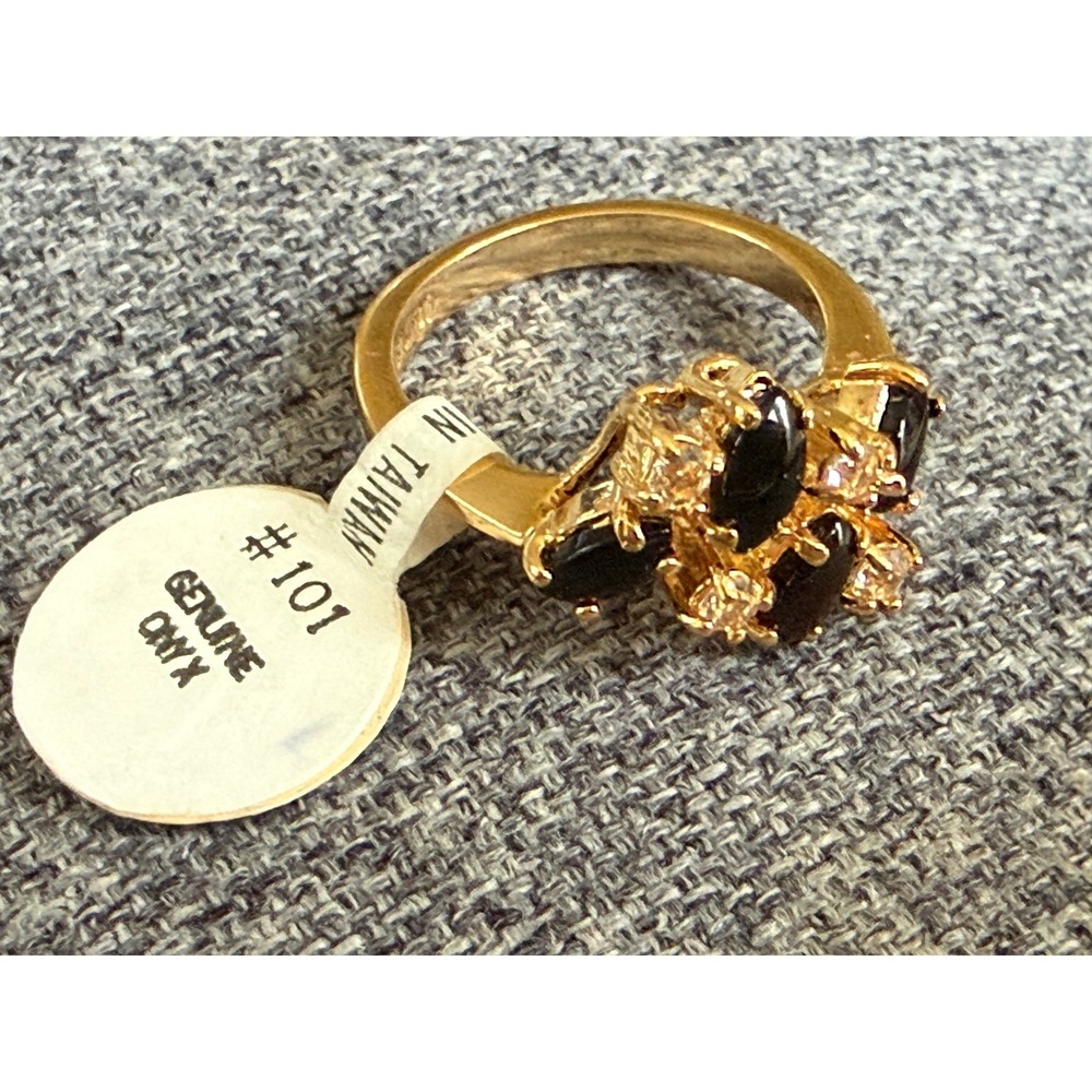 Vintage 18KT GP Black Onyx Cluster Cocktail Ring‎ Size 6